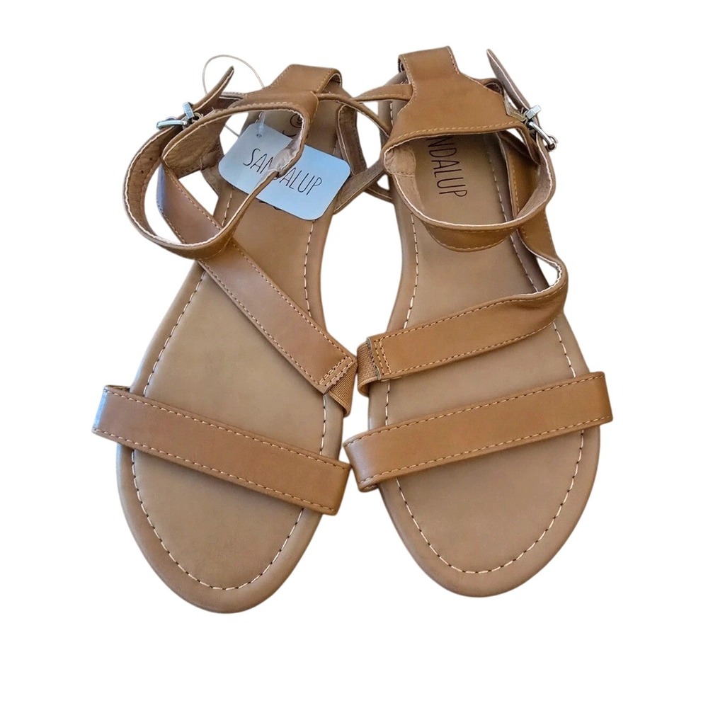 Sandalup Womens Tan Brown Strappy Flat Sandals Ankle Buckle Summer Shoes Size 9